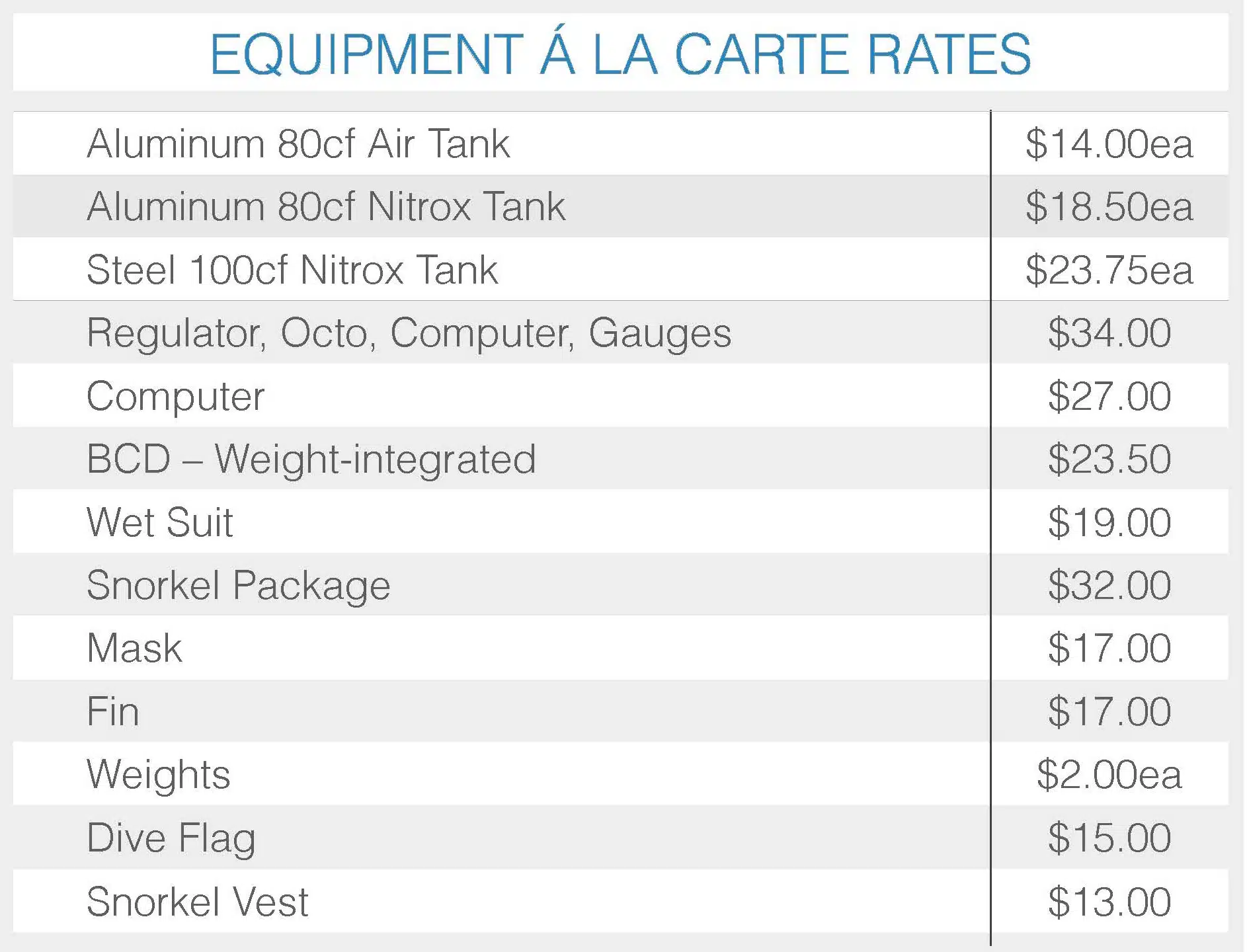 JDC A La Carte Pricing Table 2026